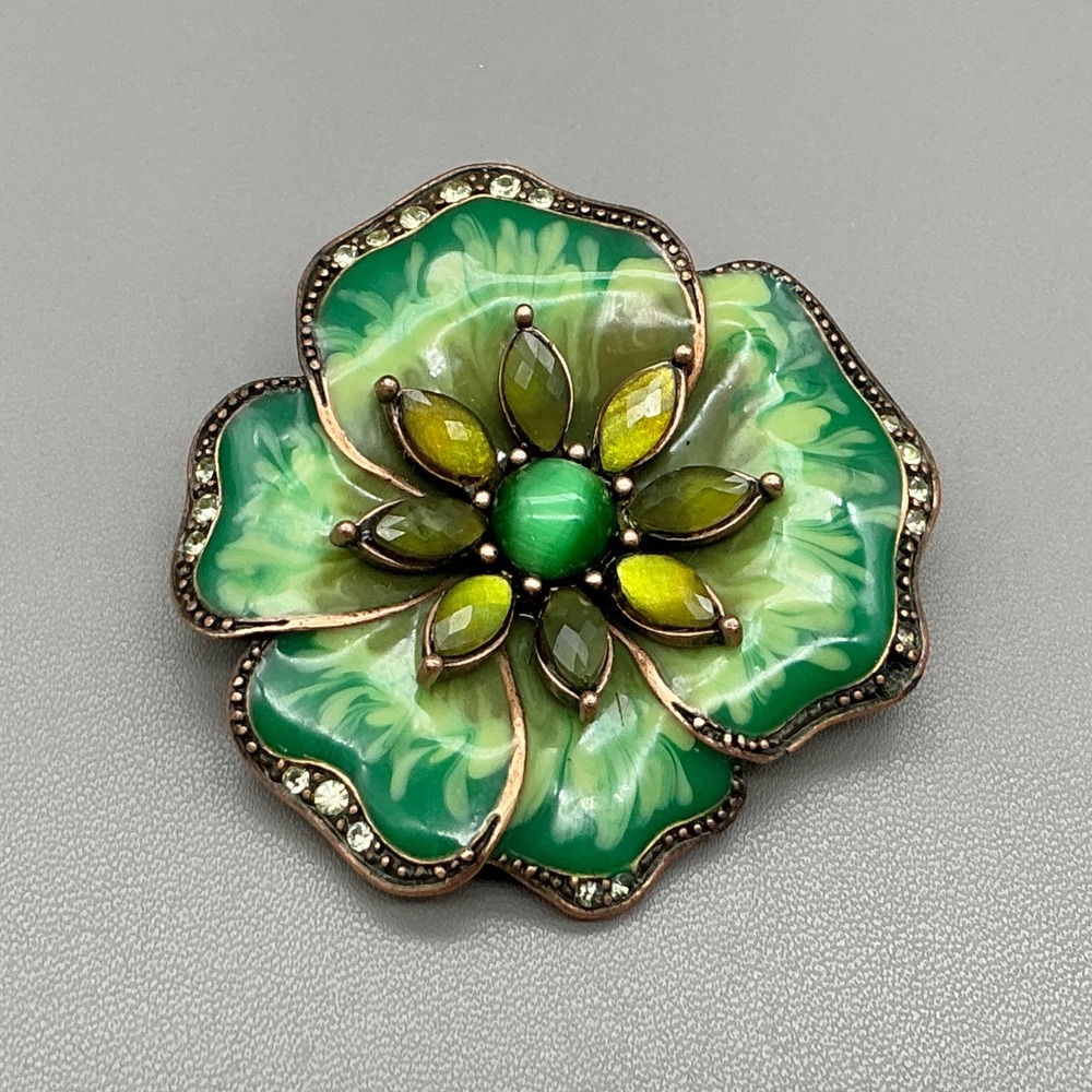 Liz Claiborne Brooch Women Green Enameled Flower Rhinestone Copper Tone Pin 2"